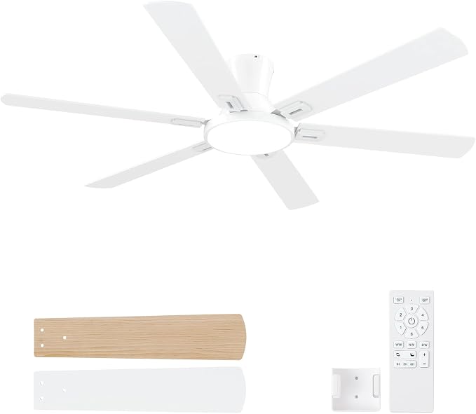 60 Inch White Ceiling Fans with Lights and Remote, Flush Mount Low Profile 6 Blades Ceiling Fan, Quiet Reversible DC Motor for Living Room, Bedroom and Patio