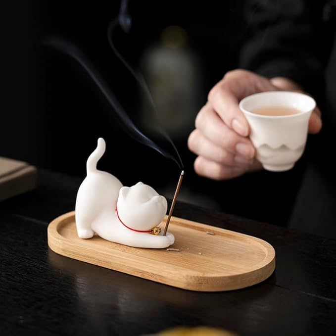 Cute Design Cat Ceramic Cat Incense Holder Set - Perfect for Meditation, Yoga, and Home Decor