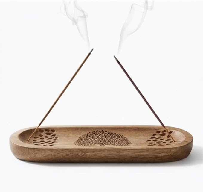 Bless-International Traditional-Handmade-Tray-Burner Wooden-Trat-Incense-Stick-Holder Ash-Catcher-Stand for-Aromatherapy-Meditation-Yoga (Nature Tree, 11x4x1.22 Inches)