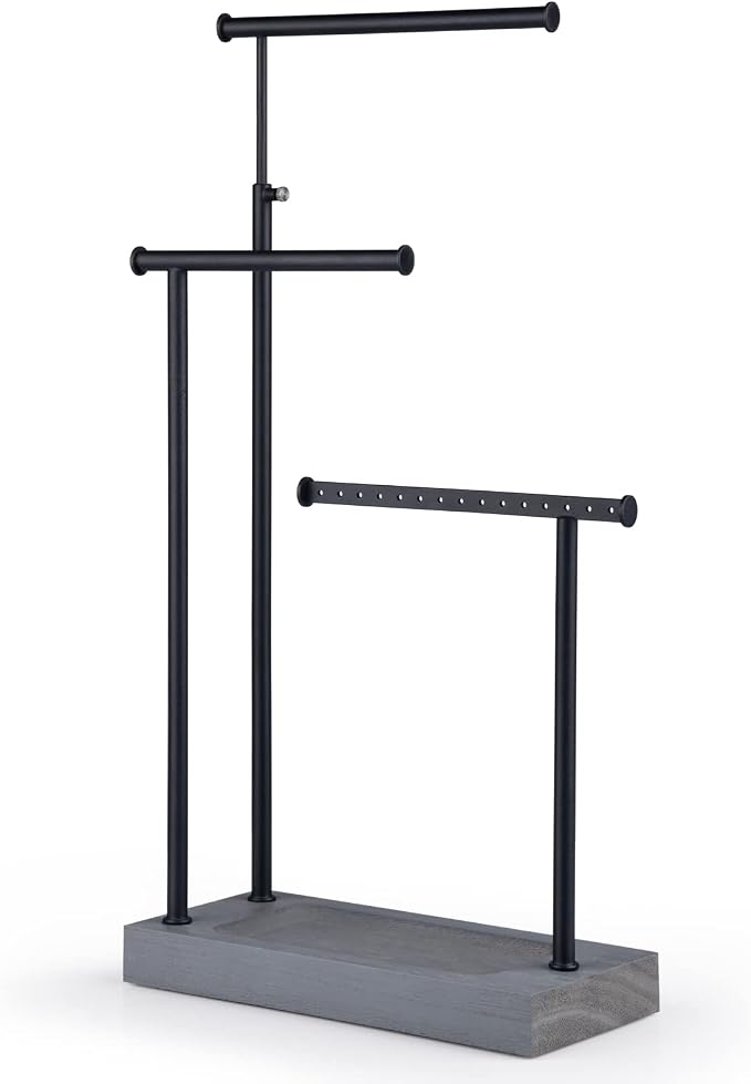 SRIWATANA Weathered Grey & Black Jewelry Organizer, 3-Tier Necklace Stand | Rustic Jewelry Stand with Wood Tray Base; Tangle-Free Storage for Long Necklaces, Earrings with Holes, and Rings