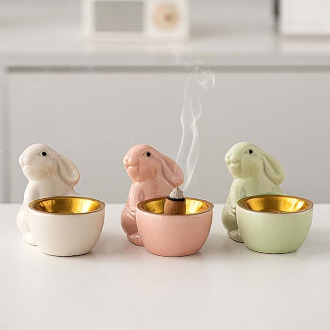 Ceramic Rabbit Incense Burner Rabbit Figurines Statue Ornament Easter Incense Sticks Holder Waterfall Arab Incense Holder for Home Decor (Green)