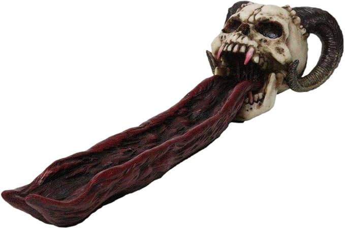 Ebros Vampire Fanged Ram Horned Skull with Demonic Tongue Incense Stick Burner Holder 10.5" Long Skulls Skeletons Halloween Aromatherapy Decorative Accent Figurine Accessory