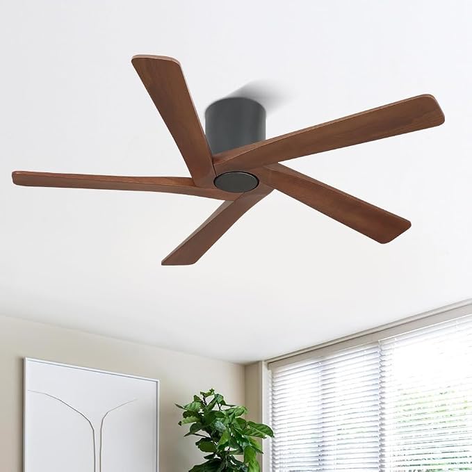 WINGBO 54 Inch Flush Mount DC Ceiling Fan without Lights, 5 Reversible Carved Wood Blades, 6-Speed Noiseless DC Motor, Hugger Ceiling Fan No Lights in Matte Black Finish with Walnut Blades, ETL Listed
