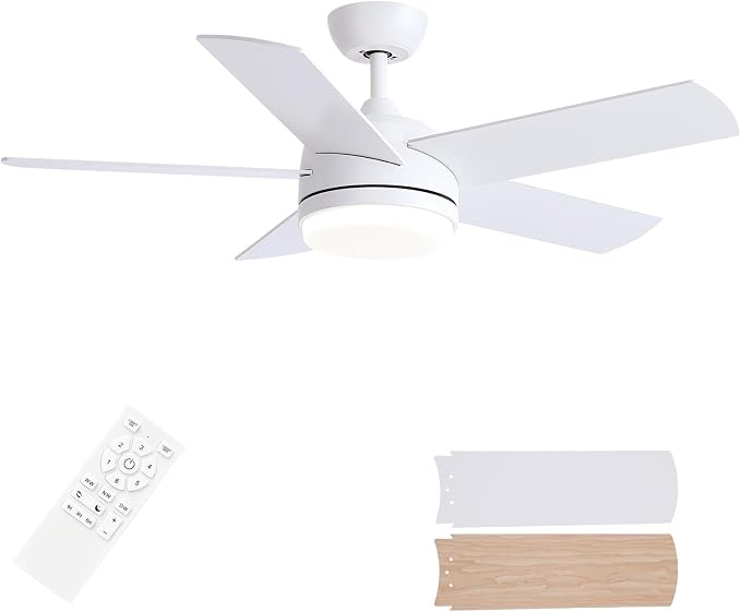 YUHAO 44 Inch White Ceiling Fan with Light and Remote Control.Noiseless,Dimmable,3CCT,6 Speeds Reversible, DC Ceiling Fans for Indoor or Covered Outdoor Use.ETL Listed