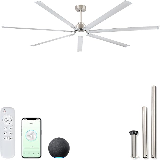 Minislak 96" Industrial Commercial HVLS 7 Brushed Nickel Aluminum Blades Ceiling Fan with Light and Compatible Alexa,High CFM Brushless Motor,6-Speed,Indoor Outdoor Ceiling Fan for Patio,Garage,Shop