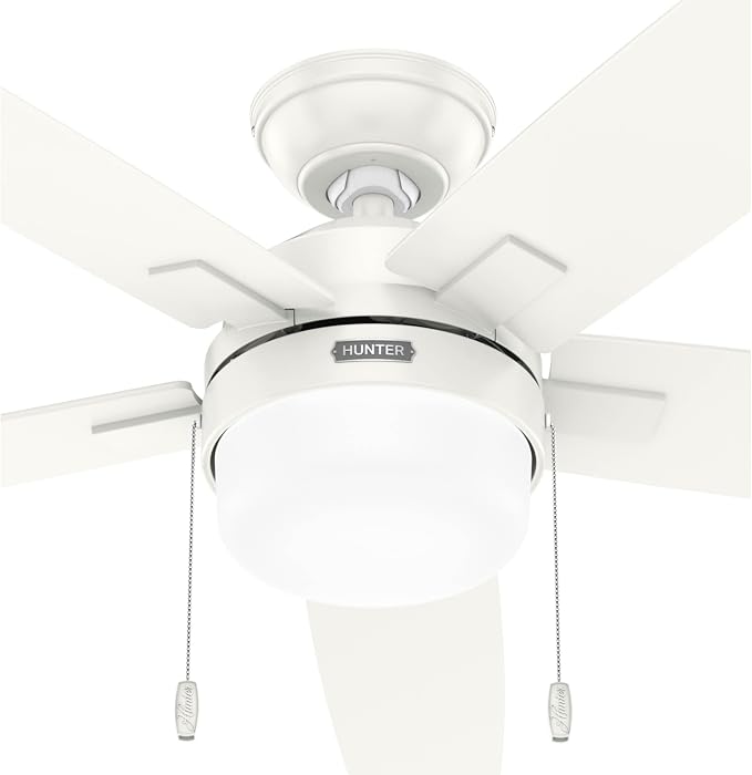 Hunter 52 inch Indoor Ceiling Fan with LED Light - White Ceiling Fan with Pull Chain, for Bedroom or Living Room, Standard Mount, No Remote, 5 Blades, Includes Bulbs - Anisten 52487, Fresh White | Standard Mount, Pull Chain, 5 Blades, For Bedroom, Livi...