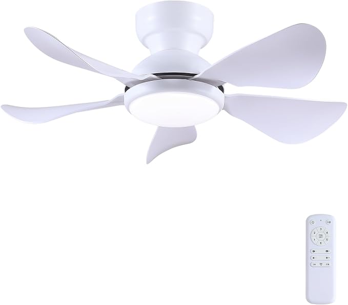 Kviflon 32 Inch Modern Ceiling Fans with Lights, Small Flush Mount Ceiling Fan with Light Remote Control, 5 Reversible 6 Speeds Curved Blades, 3 CCT Dimmable Lights for Bedroom Kids Room, White