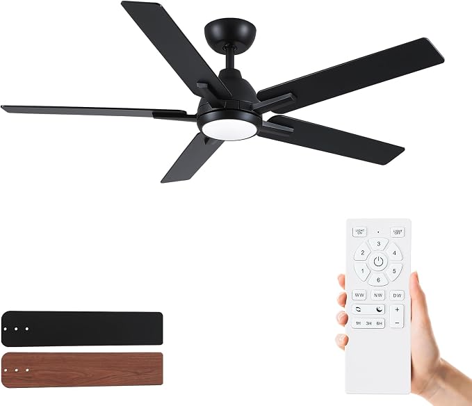 Sevenine 52 Inch Downrod Black Ceiling Fan with Light & Remote, ETL Listed | Easy Installation, 6 Speed, Quiet DC Motor, 3-Level Timer Function, 3 Color Temperature, Forward/Reserve For all Seasons
