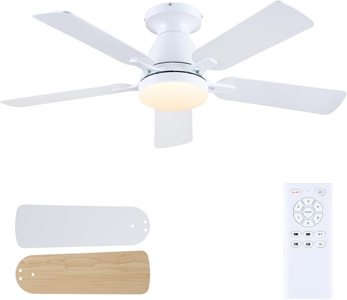 Mpayel 46 Inch Ceiling Fans with Lights and Remote, White Ceiling Fan with Light Flush Mount, Low Noise, Reversible, Dimmable, Modern Low Profile Ceiling Fan with Light for Bedroom Indoor Outdoor
