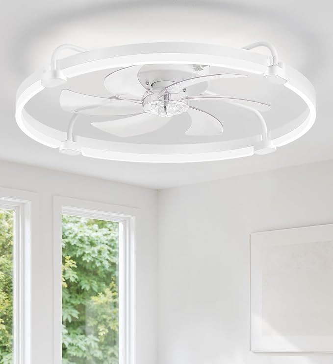 LEDIARY 26" Ceiling Fans with Lights and Remote, Low Profile,Large, White | 3000K-6000K Stepless Dimmable Fandelier, Reversible DC Motor, Remote and APP Control, Bedroom Kitchen Living Room Fan Light