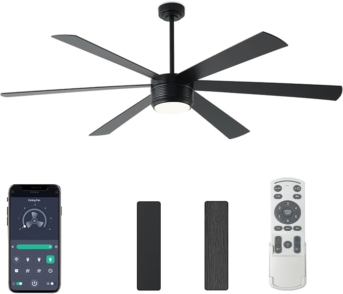 SHOWDI Black Ceiling Fans with Lights and Remote, Quick Installation, 72 in | 2 Blade Color, Metal Material, App Remote Control, Timer, Reversible, 3CCT, Dimmable for Bedroom, Living room, Indoor