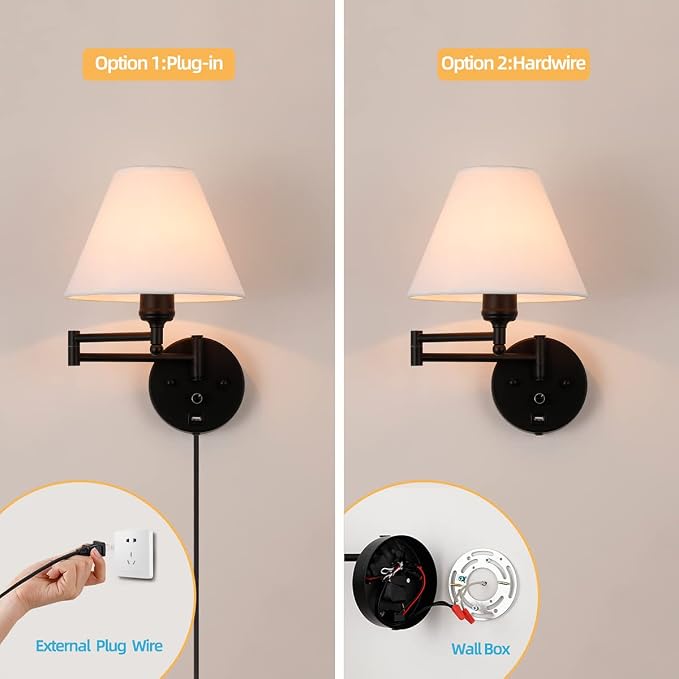Swing Arm Wall Sconces, Plug-in Wall lamp,Bedroom Wall lamp ， White Fabric Shade，，with dimmable Switch and USB Charging Port, Suitable for Bedside, Living Room, Reading (Black)