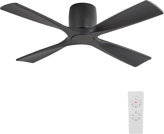 WINGBO 54 Inch Ceiling Fan Without Light, Solid Wood Flush Mount Ceiling Fan with Remote Control, Reversible DC Motor, 4 Blades, 6-Speed Quiet Performance, for Bedroom & Living Room, Black