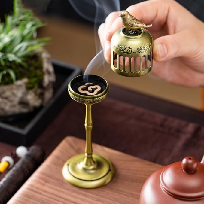 Oriental Sparrow Incense Burner Holder for Coil Incense/Incense Cones- Ancient Bronze Alloy Incense Burner Artwork with Yoga Meditation Home Office Decor