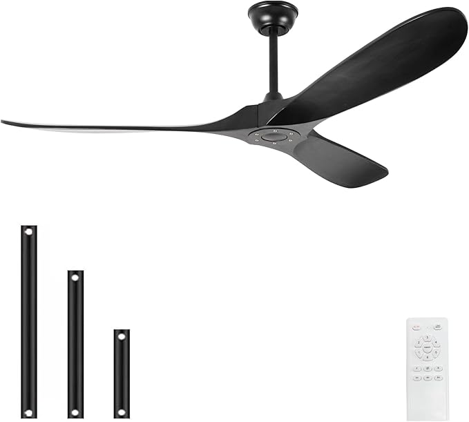 52'' Solid Wood Ceiling Fan without Light,Modern Black Ceiling Fans with Remote Control,Quiet and Reversible DC Motor,Outdoor Ceiling Fan for Garage,Porch,Living Room,Bedroom