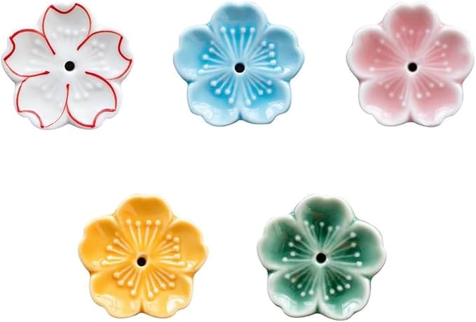Set of 5, Japanese Mini Cherry Blossom Ceramic Incense Stick Holder or Incense Burner Holder, Handmade Cute Multicolour Unique Ash Catcher Inscent Tray and Decorative Gift, Home Decor, 1.7 inches