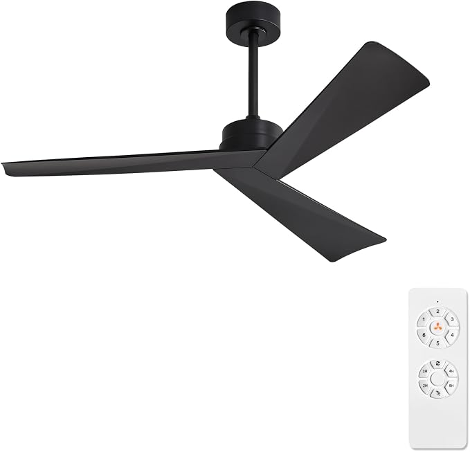 WINGBO 52" DC Ceiling Fan without Lights, Matte Black Ceiling Fan with Remote, 3 ABS Plastic Blades, 6 Speed Reversible DC Motor, Ceiling Fans No Light for Kitchen Bedroom Living Room