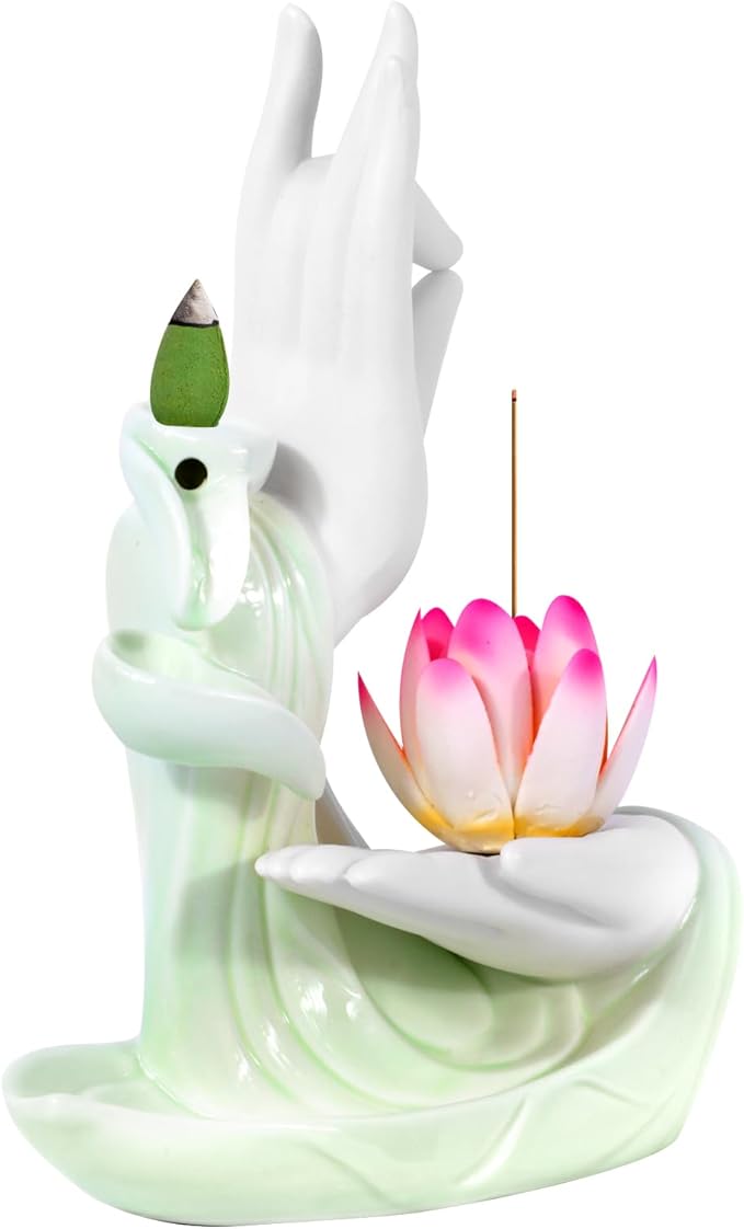 Backflow Incense Holder Buddhist Culture，Waterfall Incense Burner Buddha's Hand and Colorful Lotus Pattern，Aromatherapy Ornament Home Décor Nice Gift for Friends Families