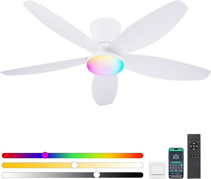 Surtime Flush Mount RGB Ceiling Fans with Lights-48 Low Profile Ceiling Fan with Light and Remote/APP Control,DC Reversible,LED Dimmable Ceiling Fans for Bedroom,Indoor/Outdoor Patio Use(White)