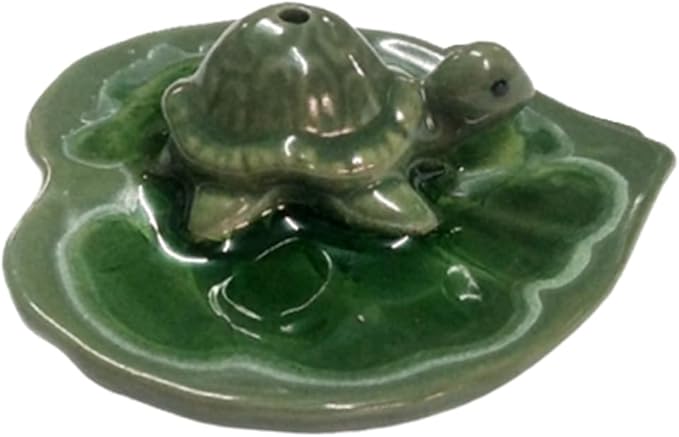 Dolphin Shop, Ceramic Incense Holder Stick Burner Small Turtle with Leaf Tray Dish 1 Pc Handmade Cute Animal for Decorative Statue Home Indoor Buddist Massage Spa Yoga Office (Turtle Green)