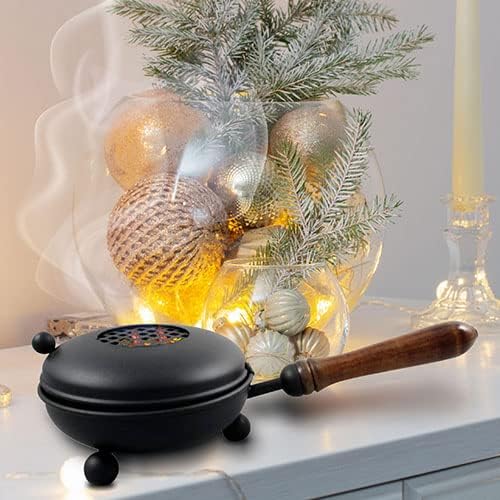 Black Iron Incense Burner with Wooden Handle and Folding Lid – Premium 4.72-Inch (Diameter) Censer for Burning Incense and Herbs on Charcoal – Elegant and Durable Design for Aromatherapy