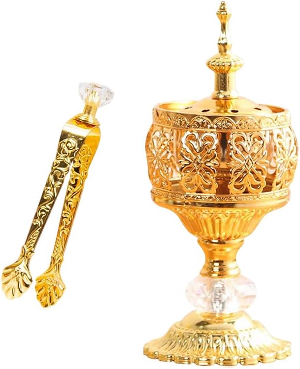 Gold Incense Burner Holder, Arabic Incense Burner with Tongs, Metal Vintage-Incense-Burners, for Aromatherapy Yoga Spa, Home Table Decoration, Ramadan Decorations, Gold