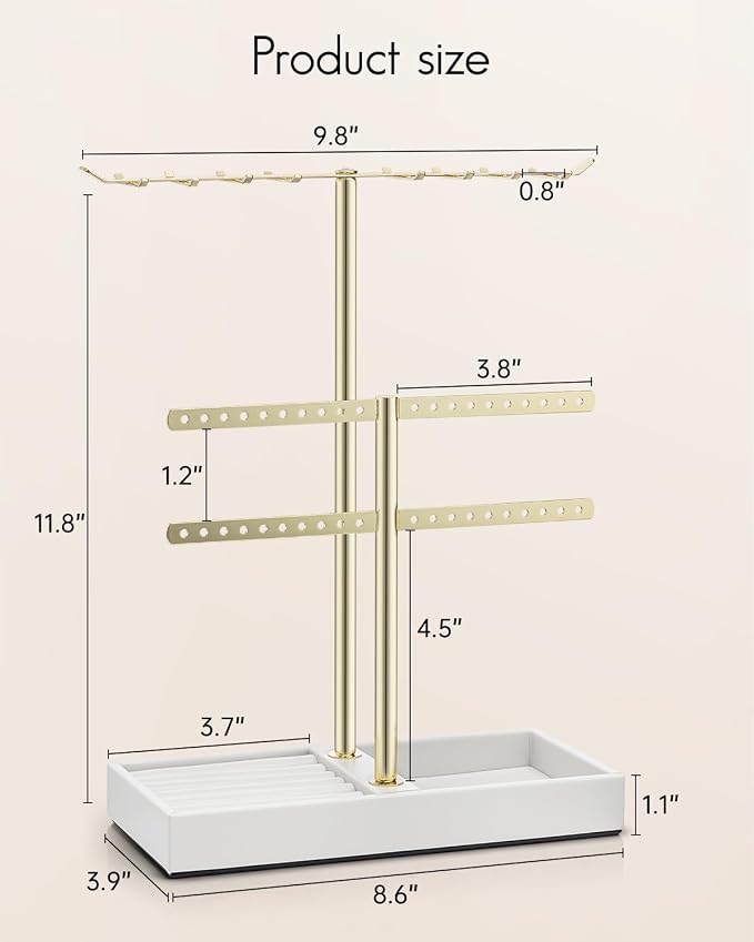 VLANDO 2 Tier Jewelry Stand Organizer with Tary, Leather Jewelry Holder Display for Women, Gold Jewlery Holder Stand for Necklace, Earring, Bracelet, Rings - White