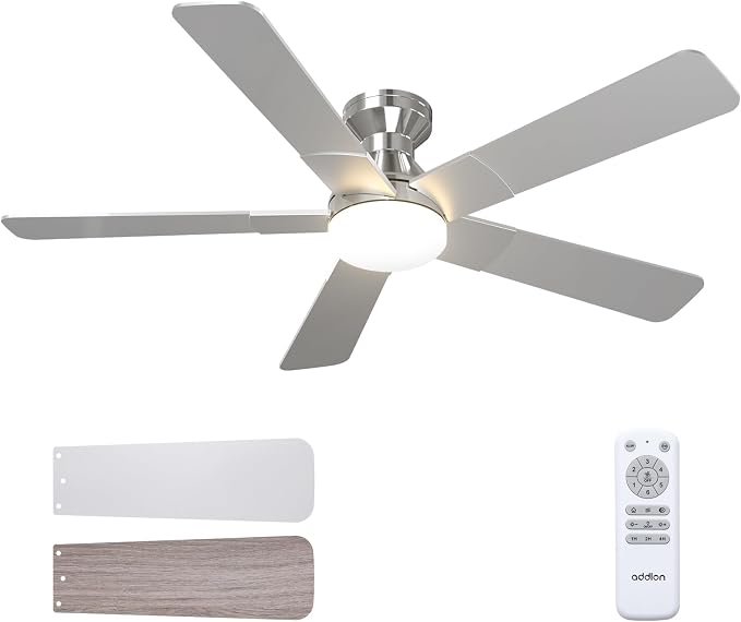 addlon Ceiling Fans with Lights, 52 inch Low Profile Ceiling Fan with Light and Remote Control, Flush Mount, Reversible, 3CCT, Dimmable, Noiseless, Nickel Ceiling Fan for Bedroom, Indoor/Outdoor Use