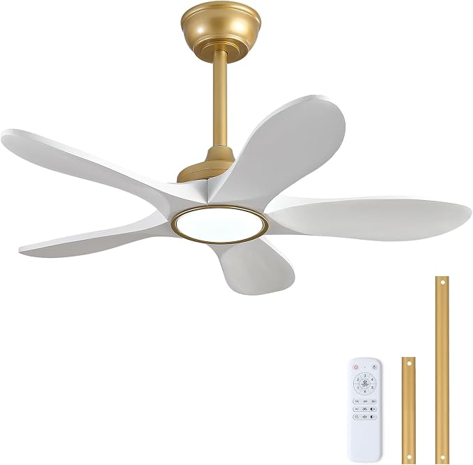 36 Inch White and Gold Ceiling Fans with Lights and Remote Control, Modern 3 Blade Wood Ceiling Fan, Small Outdoor Ceiling Fan with Light for Patio Farmhouse, Quiet DC Motor, Dimmable LED Light