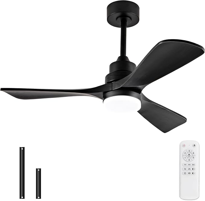 42 Inch Ceiling Fan with Light, 3 Solid Wood Blades, Remote Control, 6-Speed Reversible Quiet DC Motor, Modern White Ceiling Fan for Bedroom Living Room Patio