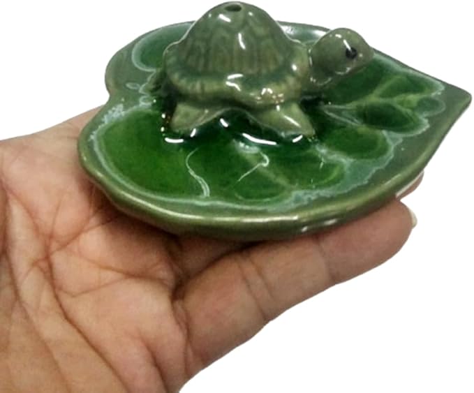 Dolphin Shop, Ceramic Incense Holder Stick Burner Small Turtle with Leaf Tray Dish 1 Pc Handmade Cute Animal for Decorative Statue Home Indoor Buddist Massage Spa Yoga Office (Turtle Green)