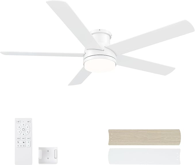 52 Inch Flush Mount White Ceiling Fan with Light and Remote | 6-Speed Quiet Reversible DC Motor, Dimmable 3CCT LED, 3 Timing Settings, 5-Blade Modern Design, Indoor or Covered Outdoor Use