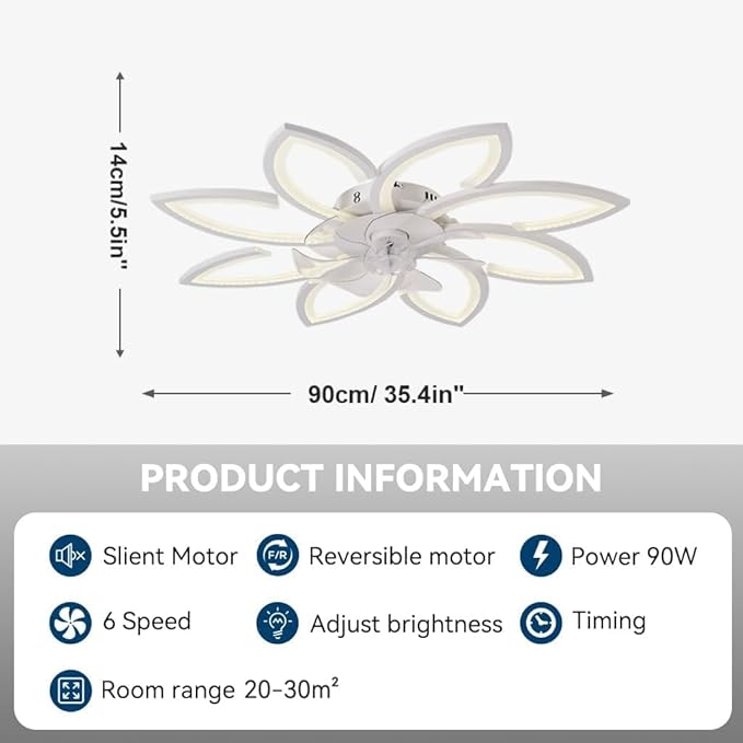 35" Ceiling Fans With Lights and Remote, Low Profile Flush Mount | Ceiling Fan With Light Modern Dimmable 3 colors 6 Speed Quiet Reversible Motor, Timing for Bedroom Living Room Kitchen White