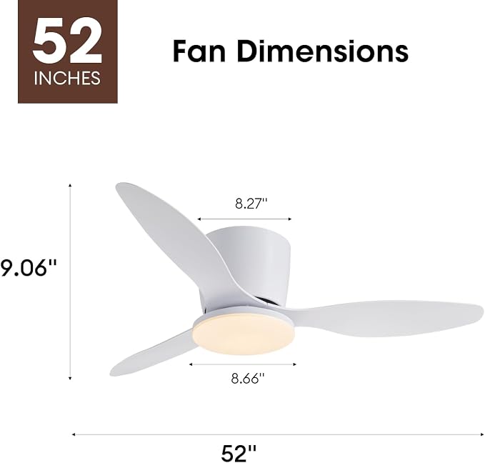 52 Inch Flush Mount Ceiling Fans with Lights and Remote Control, White Low Profile Ceiling Fan for Bedroom, Living Room,Office,Kitchen,Patios Indoor and Outdoor Use