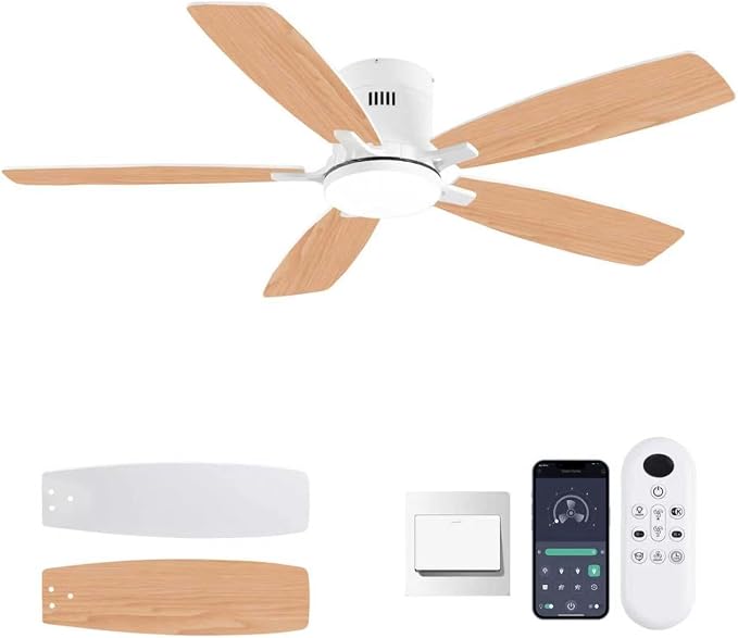 FUMLTP 52inch Flush Mount Ceiling Fans with Lights and Remote/APP Control, Dimmable LED, Reversible DC Motor, Noiseless, Low Profile White Ceiling Fan for Livingroom, Indoor/Outdoor Use