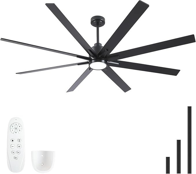 Rayqueen 72 Inch Black Ceiling Fans with Lights and Remote,Includes Downrod | Black Blades,6 Speed Reversible DC motor,3-color temperature dimmable LED.5.9/11.8/23.6 inch downrod