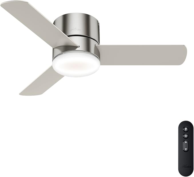 Hunter Minimus, Indoor, Ceiling Fan, Modern, Quiet, 44 inch, Brushed Nickel | with LED Light, Low Profile Flush Mount, Remote Control, 3 Blades, For Bedroom, Living Room, 59454