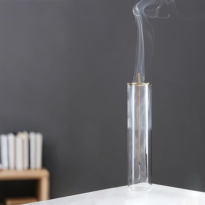 Glass Incense Holder,Incense Burner for Sticks with Ash Catcher- Anti-Ash Mess-Free, for Meditation, Yoga, Spa, Home Decor & Gift (Golden Clamp)
