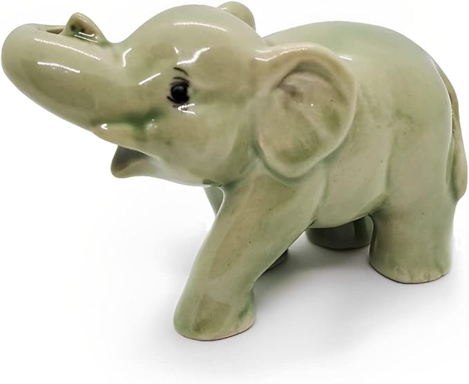 2½" Green Curl Trunk Baby Elephant Elegant Ceramic Incense Stick Holder Artistic Collectible Figurine for Adult Collectors Sophisticated Accent Gift Handcrafted Porcelain Home Decor