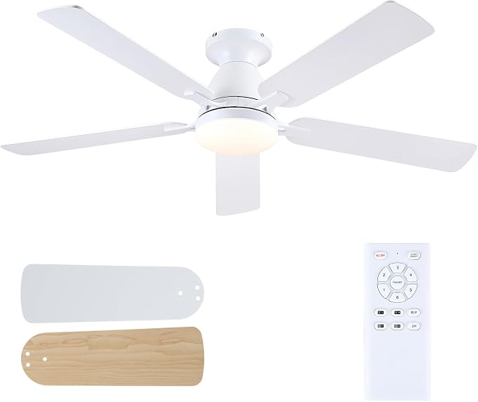 Mpayel 52 Inch Ceiling Fans with Lights and Remote, White Ceiling Fan with Light Flush Mount, Low Noise, Reversible, Dimmable, Modern Low Profile Ceiling Fan with Light for Bedroom Indoor Outdoor