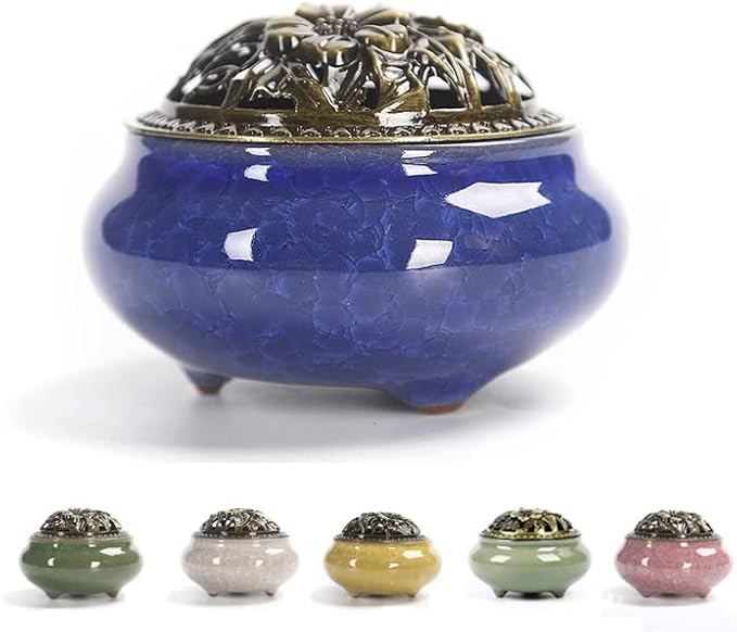 Colorful Ceramic Ice Cracked Incense Burner, Household Incense Holder, Zen Buddha Cone Coil Stick Incense Base with Cover (Green)