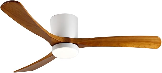 GESUM Ceiling Fan With Light, 52" Flush Mount Ceiling Fan with 3 Wood Blades, Reversible,Dimmable, for Living Room Kitchen Bedroom(White+Wood)