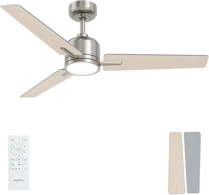 52 inch Ceiling Fans with Lights and Remote, Brushed Nickel Ceiling Fans Dimmable 3 Color Temperature, Timer, 3 Blades, 6 Speed Modern Fan Quiet Reversible DC Motor for Indoor or Covered Outdoor
