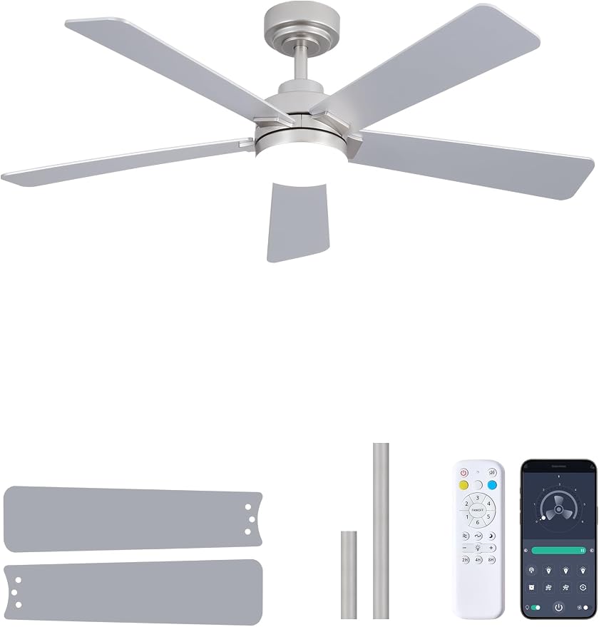 48 Inch Ceiling Fan with Lights and Remote, Downrod Mount, Sloped Ceiling Compatible up to 15°, Quiet Reversible DC Motor, 3CCT Dimmable LED, Nickel Ceiling Fan for Bedroom Living Room