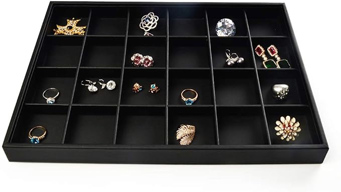 Oirlv Black Leather Jewelry Tray 24-Grid | 13.78"X9.45"X1.18" Tray with 24 Grid Inserts, Soft Velvet Lining, Perfect for Pendants and Earrings, Stackable Design