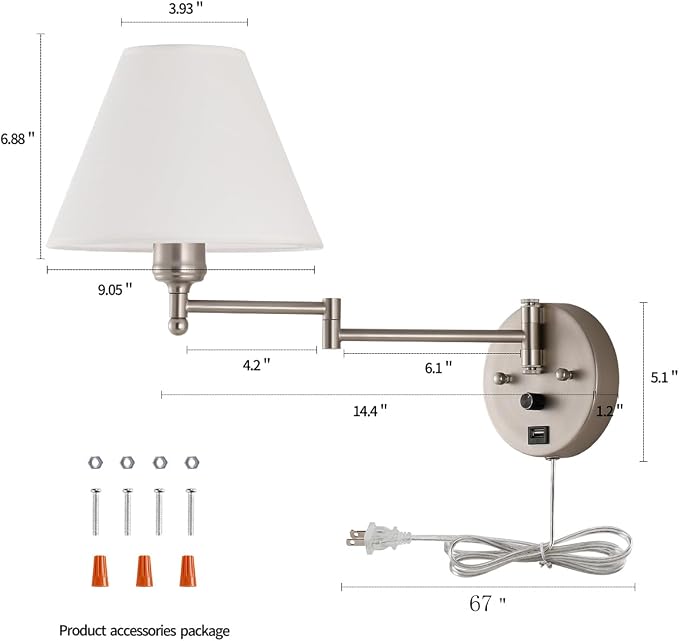 Swing Arm Wall Sconces, Plug-in Wall lamp,Bedroom Wall lamp ， White Fabric Shade，，with dimmable Switch and USB Charging Port, Suitable for Bedside, Living Room, Reading (Nickel)
