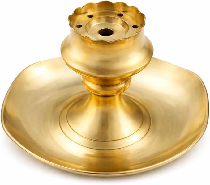 Brass Incense Holder Lotus Stick Incense Burner and Cone Holder with Ash Catcher Agarbatti Stand Artistic Lotus Plate Tray for Pooja Indian Traditional Festival New Year Decor (Size:-3.5")(Golden)