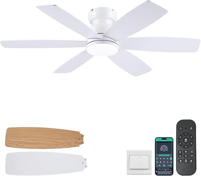 Kviflon 46 inch Ceiling Fans with Lights and Remote/APP Control, Low Profile Ceiling Fan with Light, Flush Mount, 3CCT, 6 Reversible Blades 6 Speeds Modern Ceiling Fan for Bedroom Living Room, White