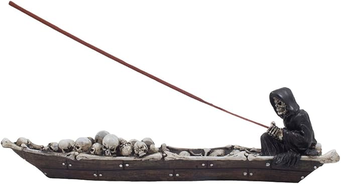 Home 'n Gifts Spooky Grim Reaper in Fishing Boat of Skulls Decorative Incense Holder for Scary Halloween Decorations or Gothic Home Decor Incense Burners and Aromatherapy, Multicolor