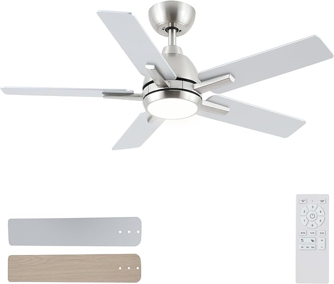 42 Inch Downrod Brushed Nickel Ceiling Fan with Light & Remote, ETL Listed | 6 Speed, Quiet DC Motor, 3-Level Timer Function, 3 Color Temperature, Forward/Reserve For all Seasons, Indoor/Covered Outdoor